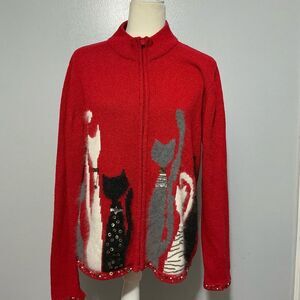 Coldwater Creek Red Cat Design Cardigan